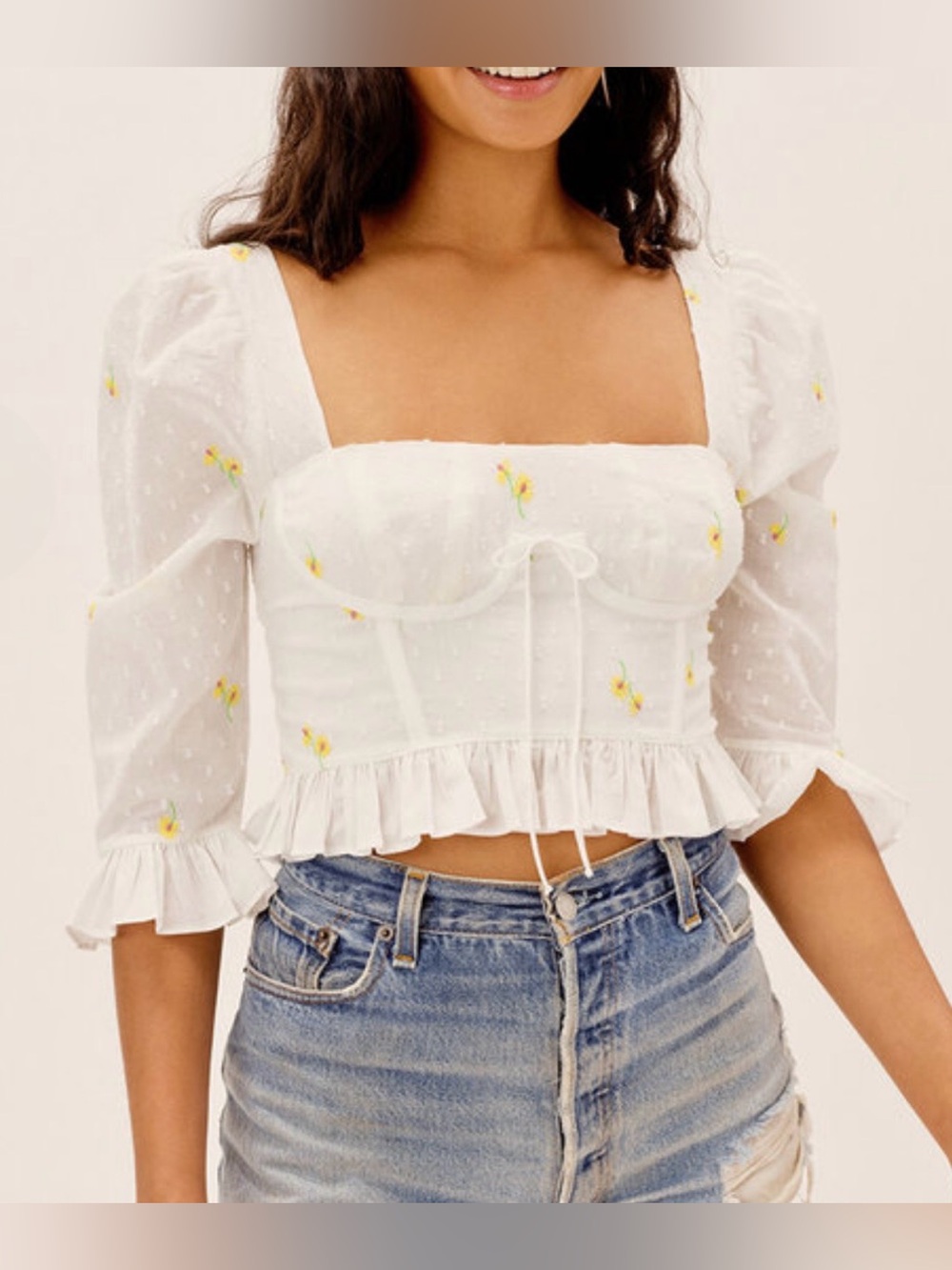 For Love & Lemons Abby Blouse in Ivory - Size M Daisy Embroidered Crop Top